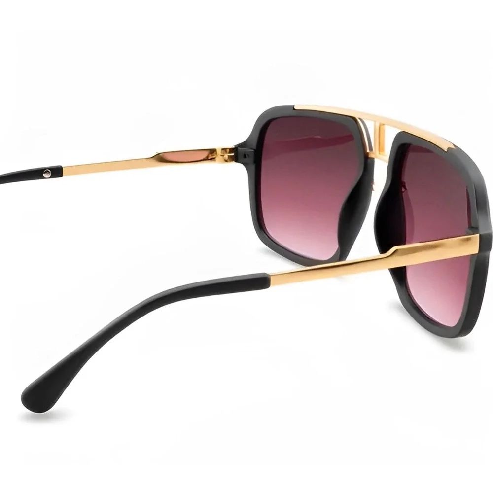 Mens Oversized Square Hip Hop Sunglasses Black Gold Double Bridge Gradient‎ Lens
